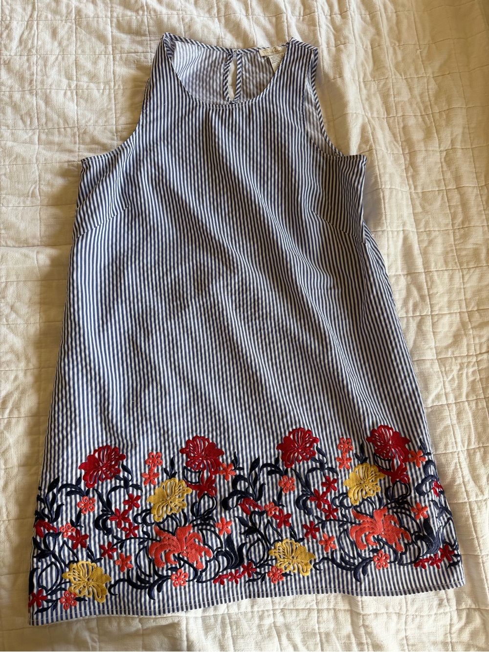 Striped Navy & White Dress with Floral Embroidery